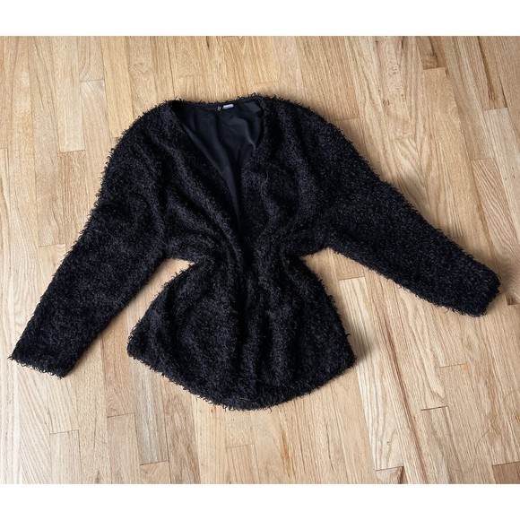 Womens Open Cardigan Sweater Size L Pockets Plush Teddy Knit Black Classic warm - Picture 4 of 6